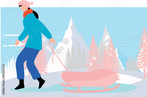 Girl carrying a sleigh.