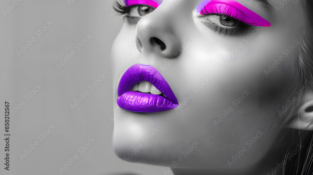 Obraz premium Portrait of a young stunning woman with neon eyelids and lips painted neon lilac, as a focal point against a monochrome photo background