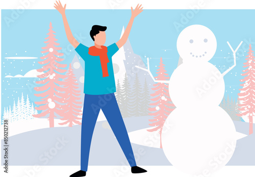 The boy is posing as a snowman.
