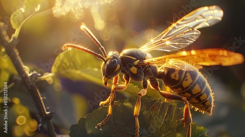 safety_ratings:.A wasp on a leaf in the sun photo