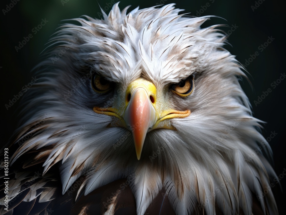 Obraz premium Close-up of a majestic eagle with intense eyes and detailed feathers, capturing the essence of strength and freedom in nature.