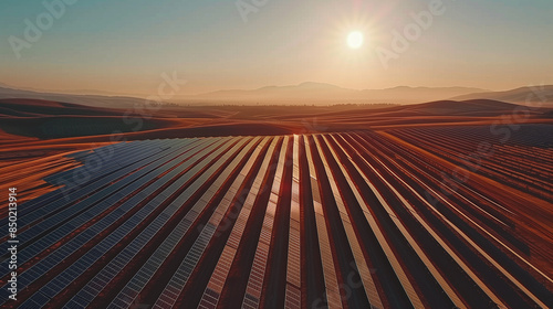 Majestic Solar Farm at Sunset. The landscape is a harmonious blend of technology and nature, with the solar panels efficiently harnessing the sun’s energy amidst a serene, rural backdrop.