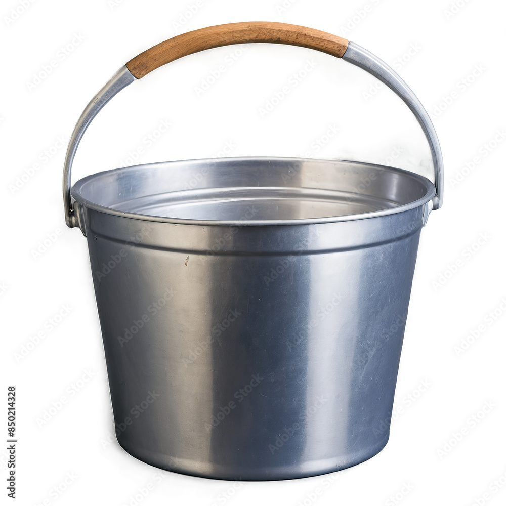 High-quality png image of a silver metal bucket with a wooden handle against a white background High-quality png image of a silver metal bucket with a wooden handle against a white background