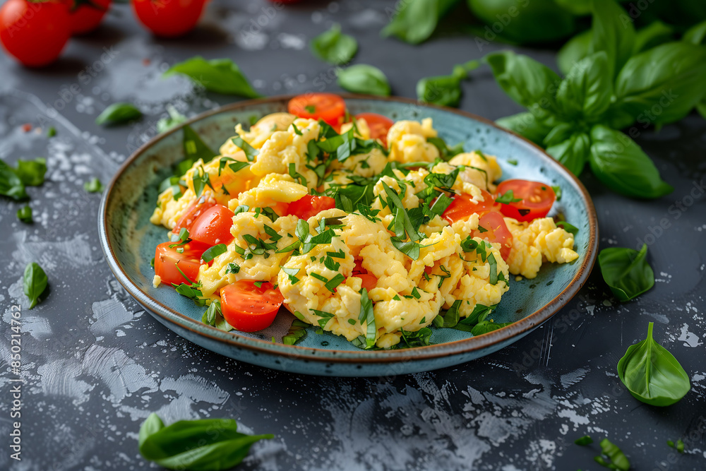 An appetizing plate of scrambled eggs with fresh, juicy tomatoes, featuring fluffy eggs mixed with the rich, tangy flavor of tomatoes, perfect for a nutritious and delicious meal. An appetizing plate of scrambled eggs with fresh, juicy tomatoes, featuring fluffy eggs mixed with the rich, tangy flavor of tomatoes, perfect for a nutritious and delicious meal.