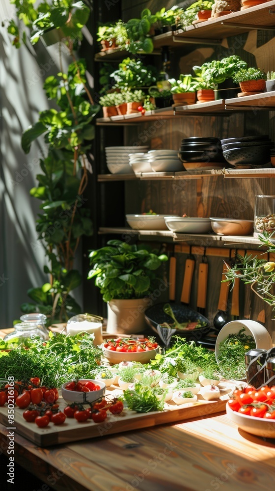 Cozy kitchen with fresh herbs, vegetables, and kitchen utensils under natural sunlight, perfect for a culinary or gardening setup. Cozy kitchen with fresh herbs, vegetables, and kitchen utensils under natural sunlight, perfect for a culinary or gardening setup.