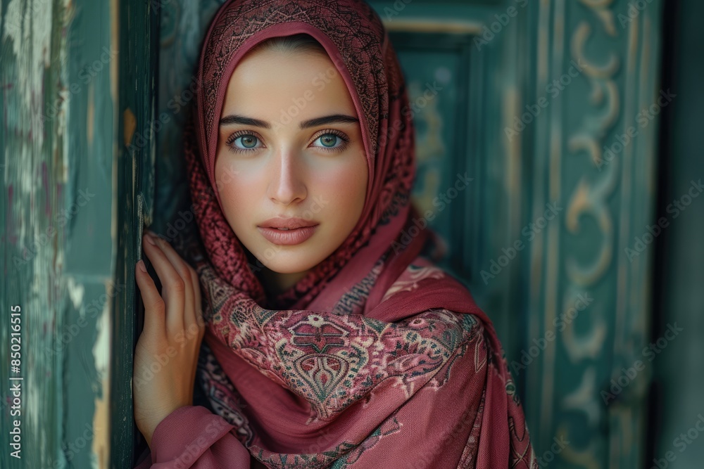An Arab woman wearing a purple veil and headscarf An Arab woman wearing a purple veil and headscarf