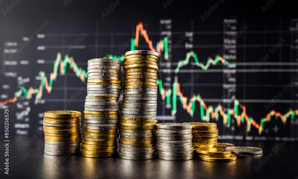 Stacks of coins with financial graph background , Business and financial investment concept Stacks of coins with financial graph background , Business and financial investment concept