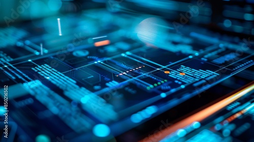 The image is of a computer chip with blue lights on it. The chip is made of silicon and has many transistors on it.