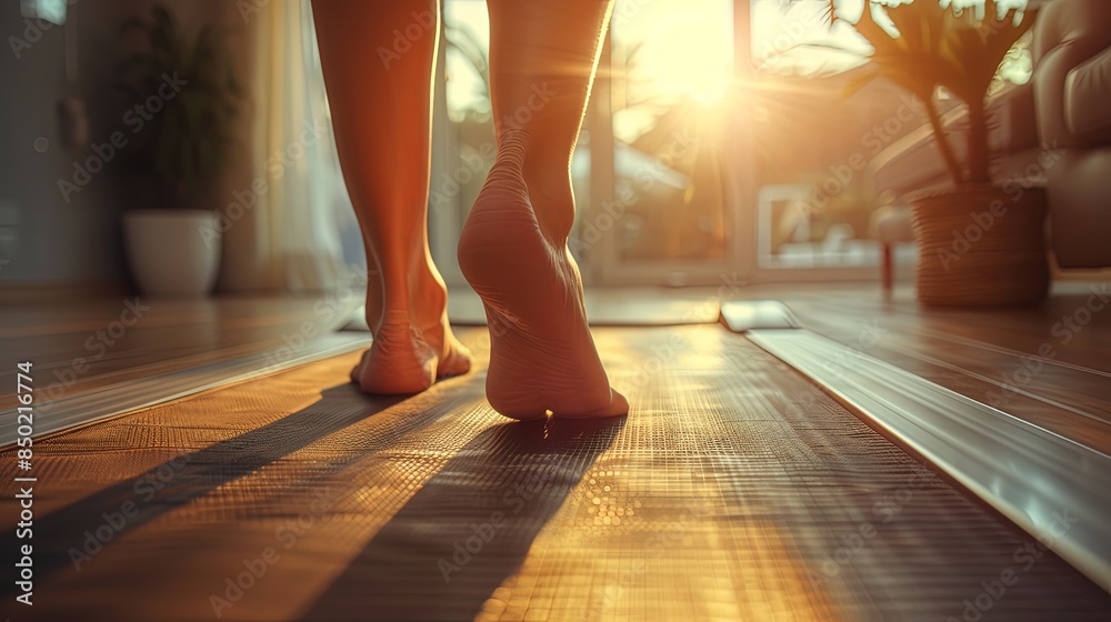Close-up of person's feet walking on a home treadmill against the warm glow of a sunset, showcasing daily exercise Close-up of person's feet walking on a home treadmill against the warm glow of a sunset, showcasing daily exercise