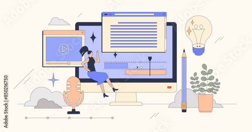 Content creation for online social media tiny person neubrutalism concept. Podcast making or influencer blogging process with video, audio and text editing for visual publishing vector illustration.