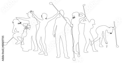 Silhouette golf player set. Active golfers golfing sports people healthy players fitness silhouettes concept.