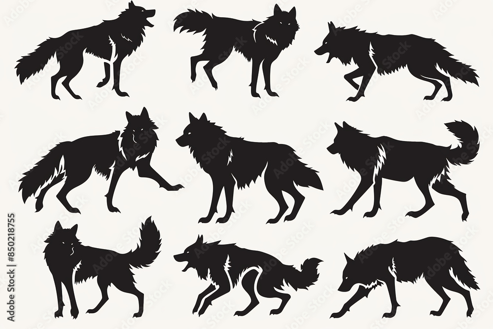 Obraz premium Detailed black wolf silhouettes in various powerful poses for artistic designs. Wildlife illustration concept