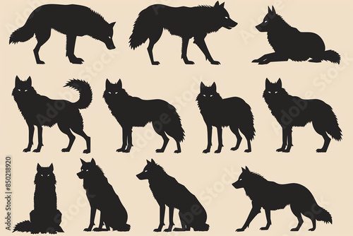 Majestic black wolf silhouettes in diverse poses for modern vector art. Animal illustration concept