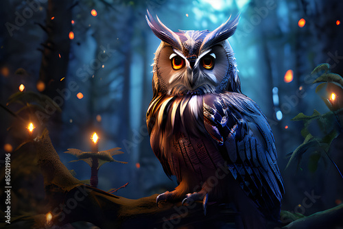 A wise owl perched on a branch, clad in mystical, arcane armor with glowing runes and ethereal light, set against a backdrop of a starry night sky and a dense, enchanted forest photo