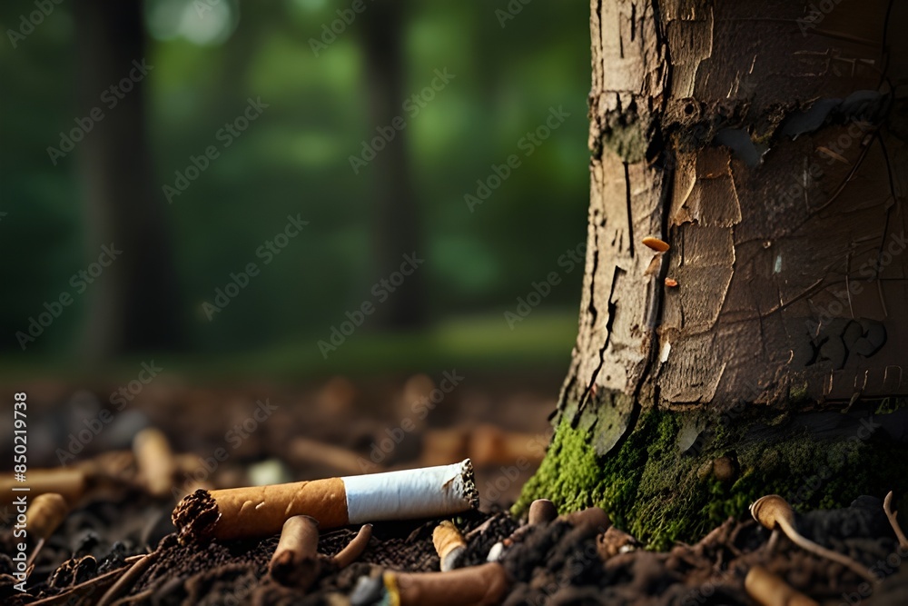 Cigar butts near a tree in the forest highlight the harmful effects of smoking on both nature and human health, showing environmental pollution and health risks - Smoking kills concept. Cigar butts near a tree in the forest highlight the harmful effects of smoking on both nature and human health, showing environmental pollution and health risks - Smoking kills concept.