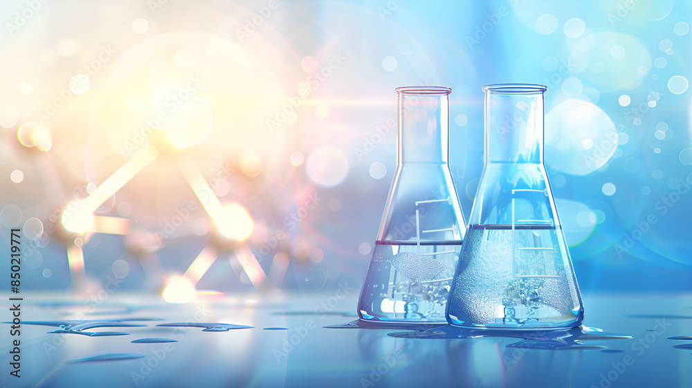 Chemistry experiment with water in beaker and flask glass with bokeh in the background Chemistry experiment with water in beaker and flask glass with bokeh in the background