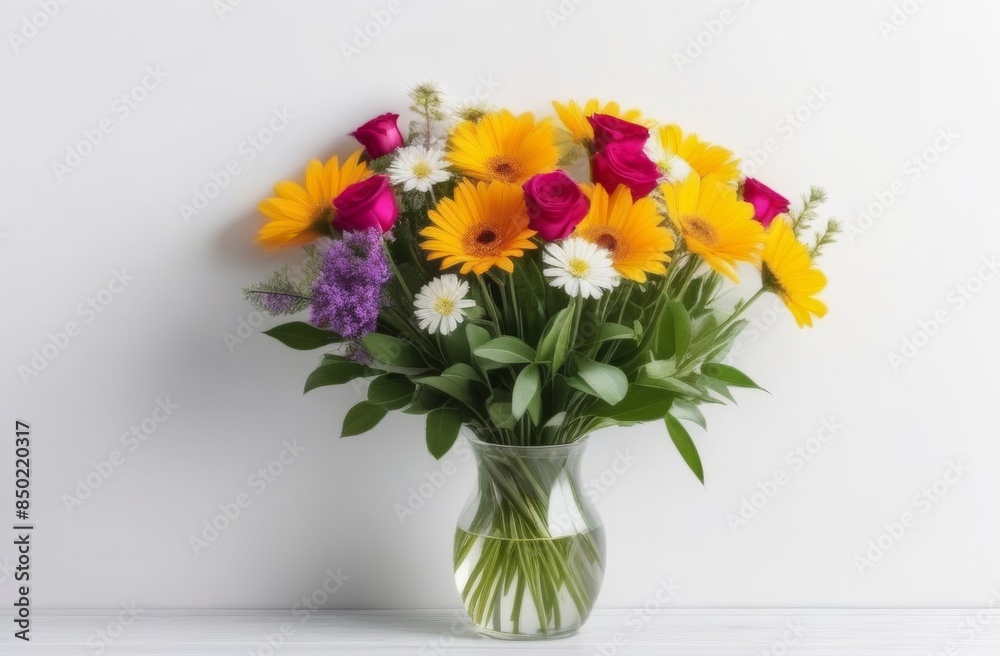Spring bouquet of yellow gerberas and red roses in vase on a white background Spring bouquet of yellow gerberas and red roses in vase on a white background