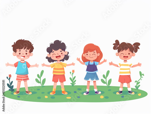 Children playing icebreaker games flat design front view summer camp theme animation colored pastel