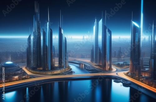 Night city with skyscrapers near the water and night lighting