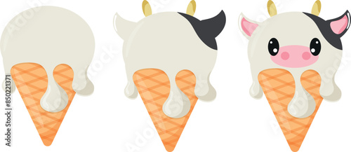 set of cones with white ice cream and animal print, namely cow face and waffle cone, for design, packaging or advertising	