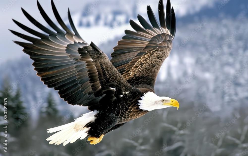 Obraz premium Majestic Bald Eagle in Flight over Snowy Landscape