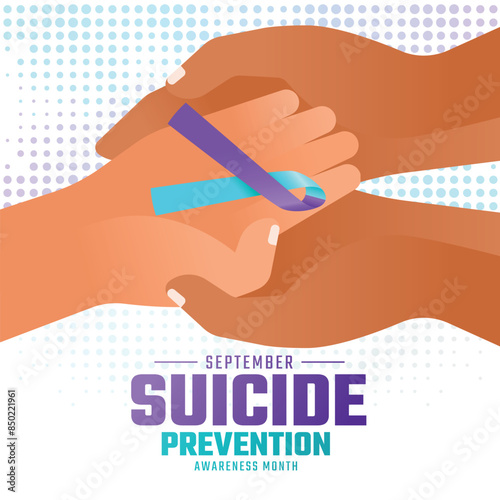 Suicide prevention awareness month - Hand hold hand care and connection to give hope with teal purple ribbon awareness on dot texture background vector design
