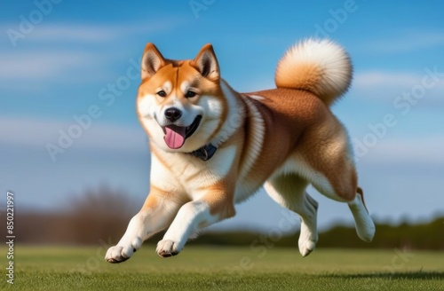 Cute and funny Akita jumping in the park