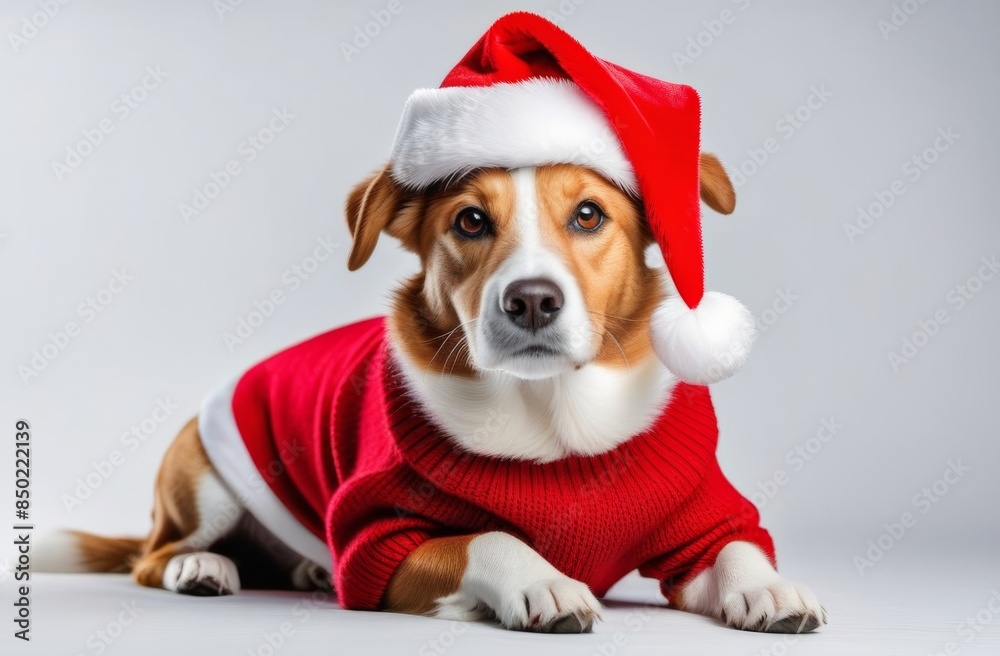 Cute dog in a sweater and Santa hat on white background Cute dog in a sweater and Santa hat on white background