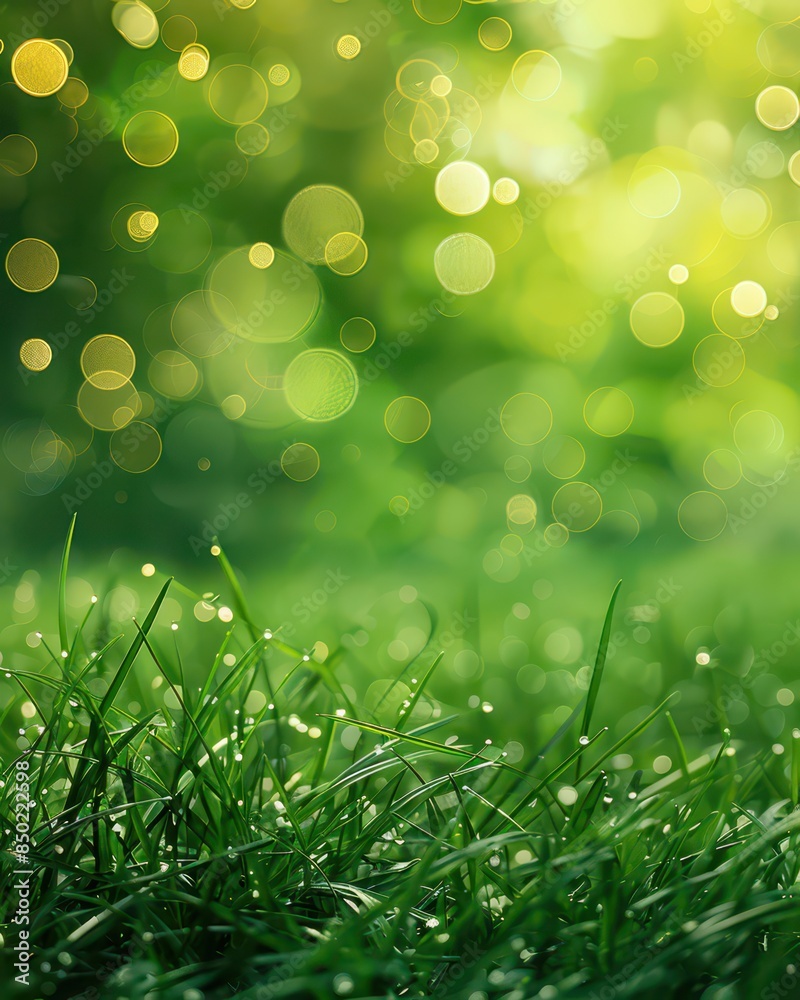 Obraz premium Close-up of fresh grass blades with sunlight shining through, creating a vibrant and lush green scene. Ideal for nature themes, garden visuals, and serene outdoor backgrounds.