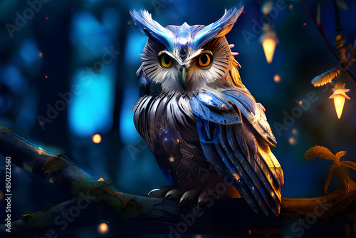 A wise owl perched on a branch, clad in mystical, arcane armor with glowing runes and ethereal light, set against a backdrop of a starry night sky and a dense, enchanted forest photo