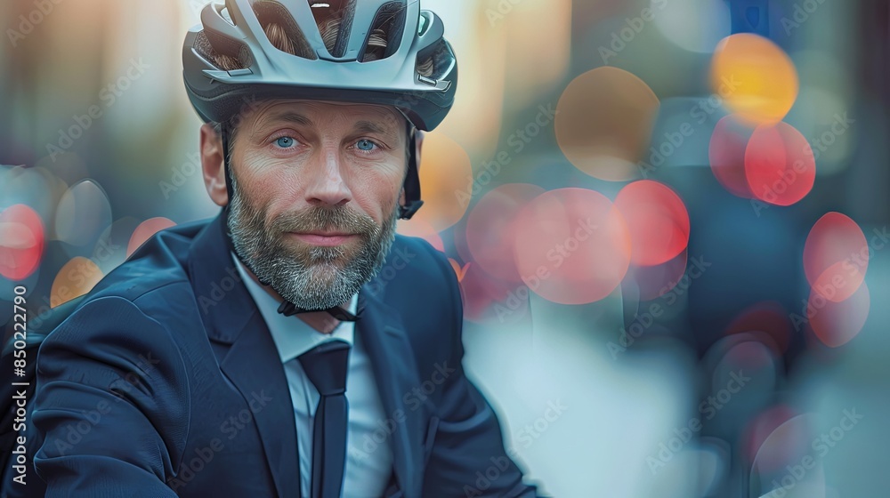 A well-dressed man with a helmet bicycles through city traffic with colorful evening bokeh lights A well-dressed man with a helmet bicycles through city traffic with colorful evening bokeh lights