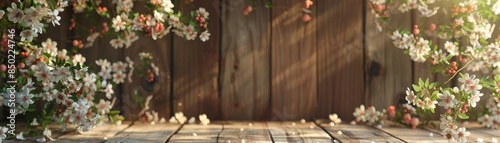 A wooden backdrop adorned with delicate apricot tree blossoms sets the scene photo