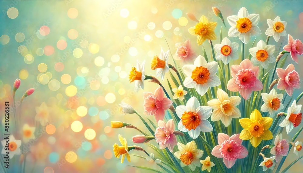 Obraz premium A bright spring background featuring a variety of colorful daffodil flowers