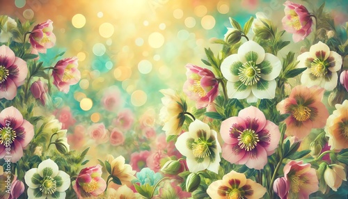 A bright spring background featuring a variety of colorful hellebore flowers photo