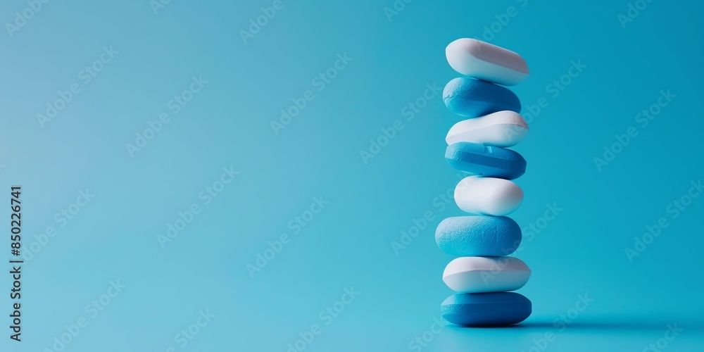 Balanced Blue and White Antibiotic Capsules on Blue Balanced Blue and White Antibiotic Capsules on Blue