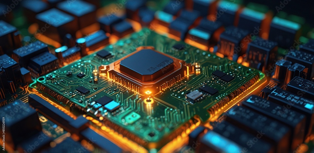 Obraz premium Printed circuit board futuristic serverCircuit board futuristic server code processing. Orange, green, blue technology background