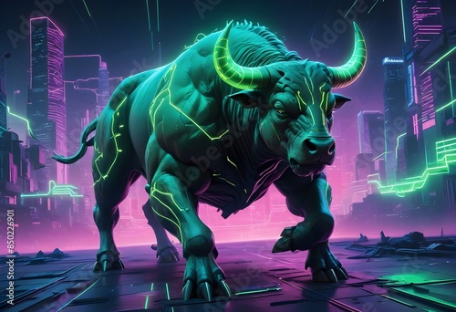 cyberpunk A large muscular Bull charging through a glowing neon | cyberpunk A large muscular Bear charging through a glowing neon