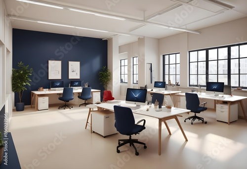 Photorealistic 3D visualization of a stylish, contemporary open space office interior