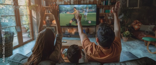 Family cheering for soccer on TV, sitting in the living room and watching a soccer game at home