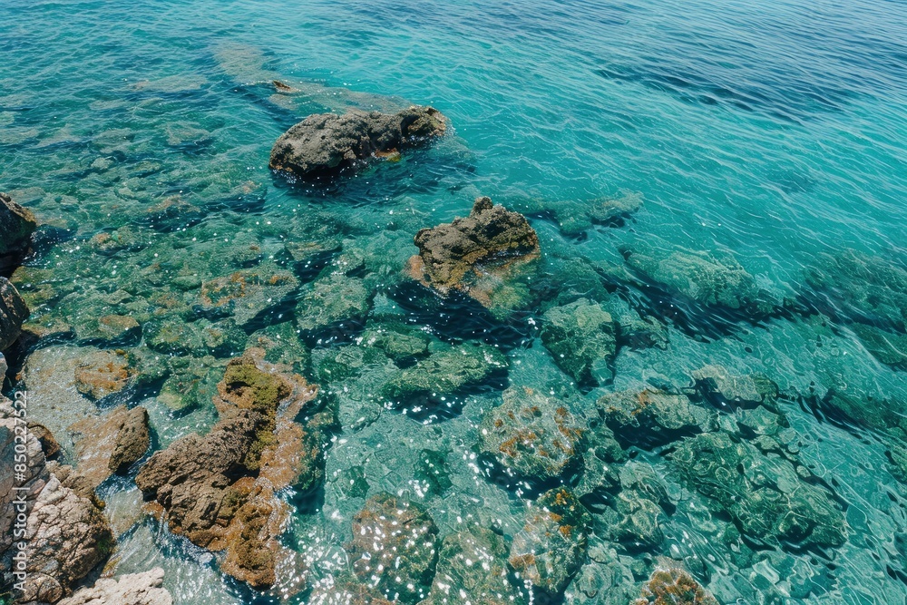 Aerial view of crystal clear water along the coastline with rocky seabed - generative ai Aerial view of crystal clear water along the coastline with rocky seabed - generative ai