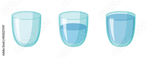 Set of three glass glasses with water. Empty, half, full. Horizontal vector illustration.