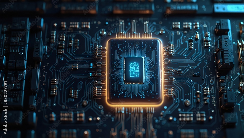 Fototapeta premium Quantum computer technologies concept. Futuristic blue circuit board background vector. Modern technology circuit board texture background design