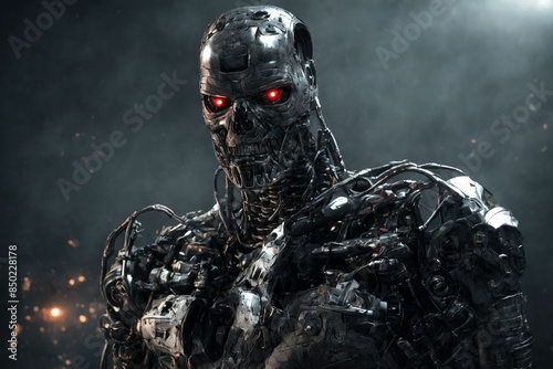 Scary AI operated robot face with red lights instead eyes and many detailed patterns. Generative AI