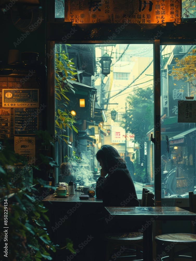 Cozy cafe ambiance with a person enjoying a drink, overlooking a serene street view through large windows, blending indoor and outdoor tranquility. Cozy cafe ambiance with a person enjoying a drink, overlooking a serene street view through large windows, blending indoor and outdoor tranquility.