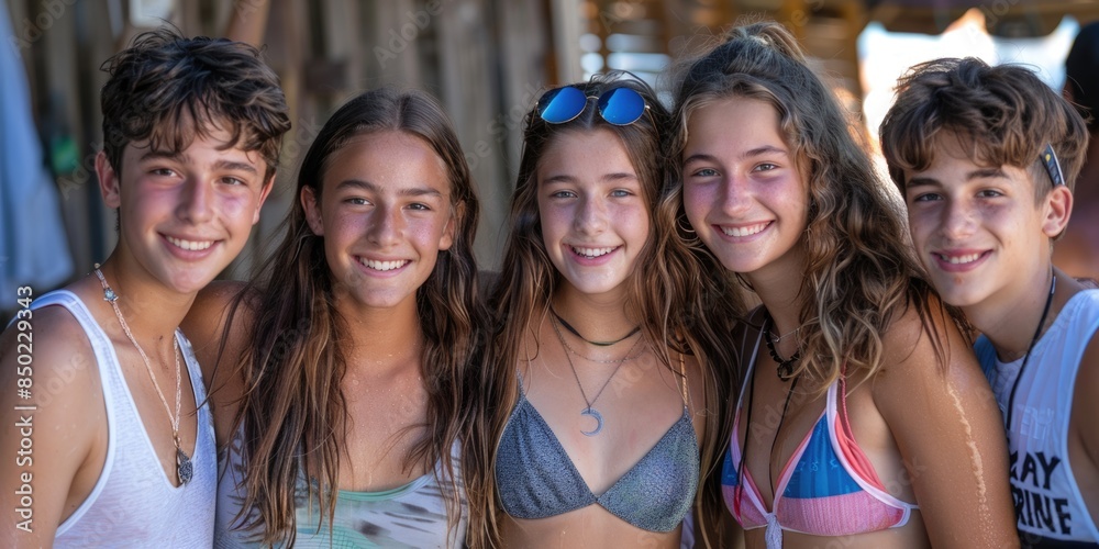 Fototapeta premium Multicultural group of young friends bonding outdoors and having fun. ai generated