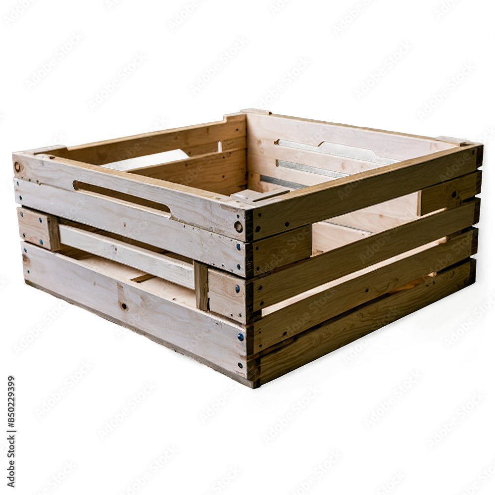 A sturdy, multi-toned wooden crate ideal for storage, displayed on a transparent, white background, png