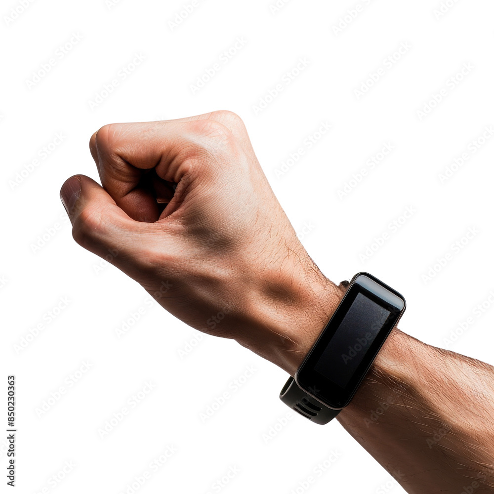 Close-up of a fist wearing a smart fitness tracker on the wrist isolated on a white background showcasing modern wearable technology. Close-up of a fist wearing a smart fitness tracker on the wrist isolated on a white background showcasing modern wearable technology.