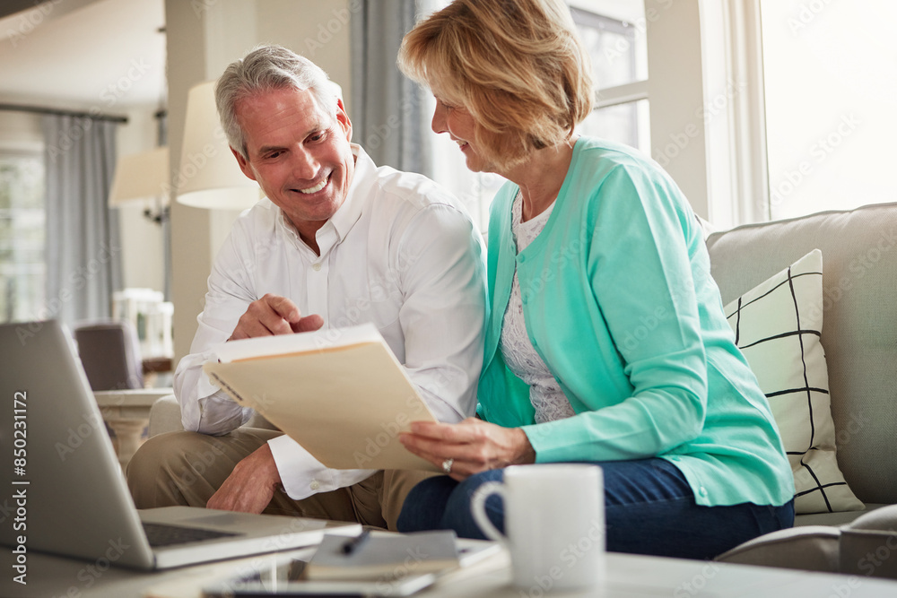 Documents, laptop and senior couple in home with financial report, insurance and investment. Retirement, marriage and mature man and woman on computer for finance planning, pension or savings budget Documents, laptop and senior couple in home with financial report, insurance and investment. Retirement, marriage and mature man and woman on computer for finance planning, pension or savings budget