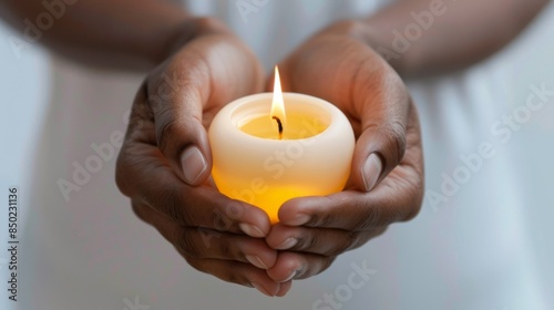 close-up of hands holding a candle at a funeral. hope concept for deisgner