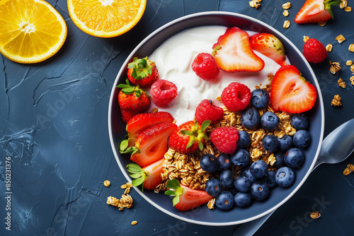 A bowl of fruit with blueberries, strawberries, and oranges. The bowl is filled with a creamy white yogurt